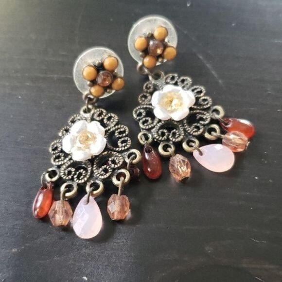 Boho Bronze Beaded Flower Drop Dangle Earrings - Picture 1 of 6